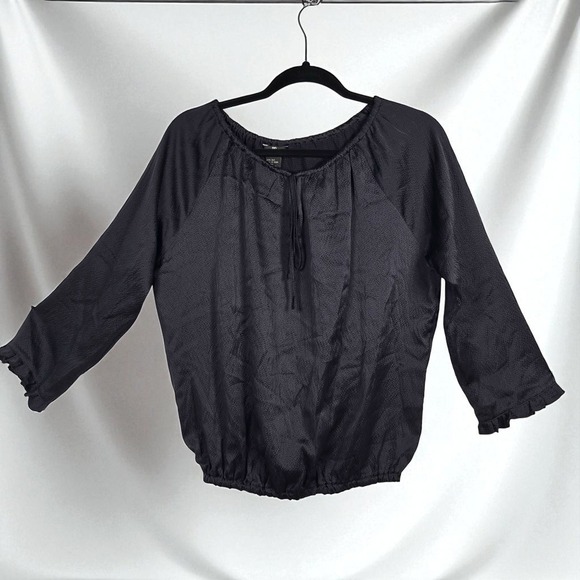 DD Collection Silk Blouse Top Black 3/4‎ Sleeve Ruffle Hem Drawstring Neck Med? - Picture 1 of 10